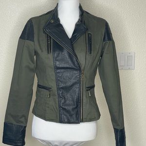 Dollhouse Olive Green Twill and Black Faux Leather Jacket. Size Small